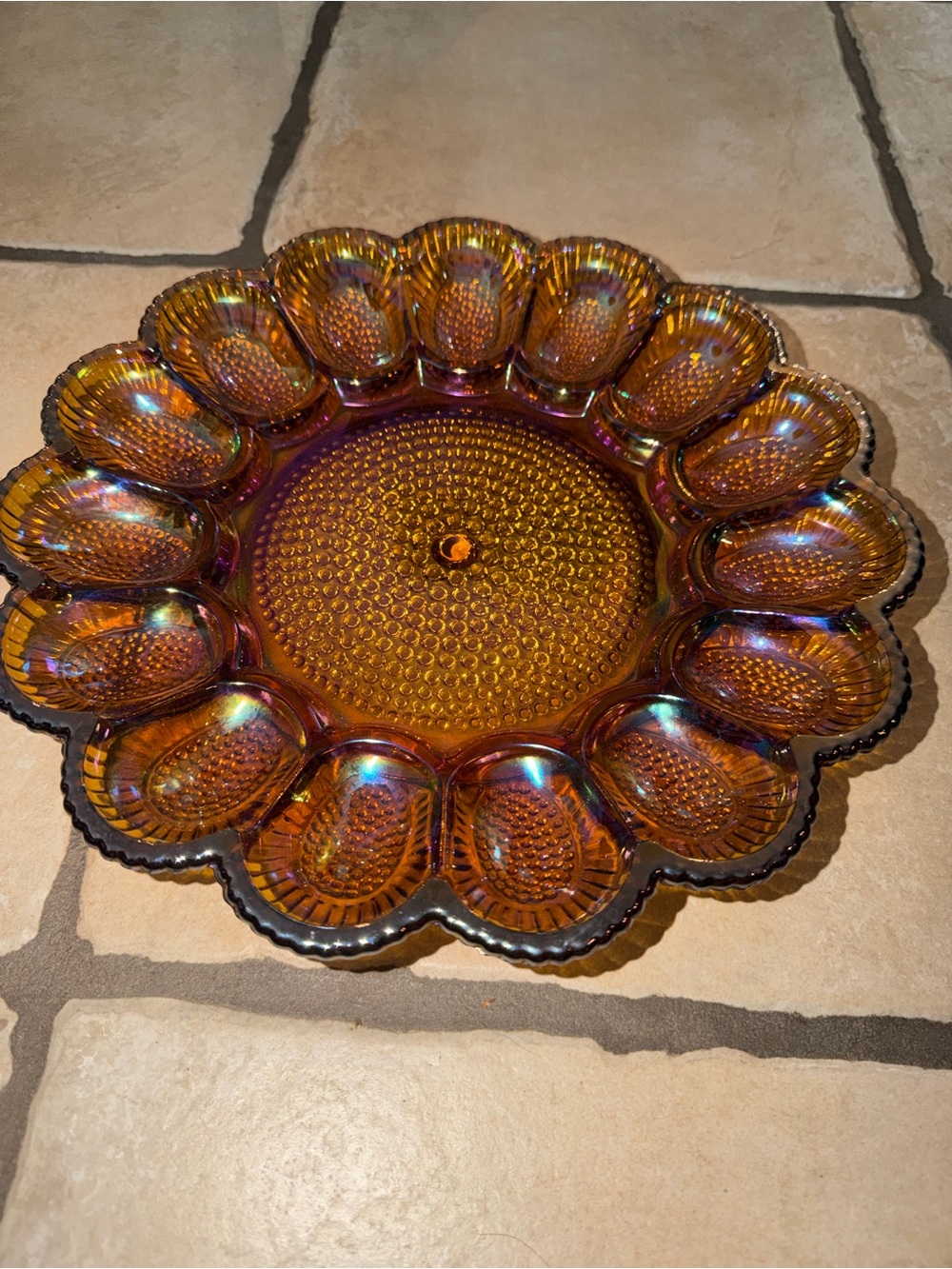 Amber Carnival Glass Deviled Egg Platter - Brand Unlisted